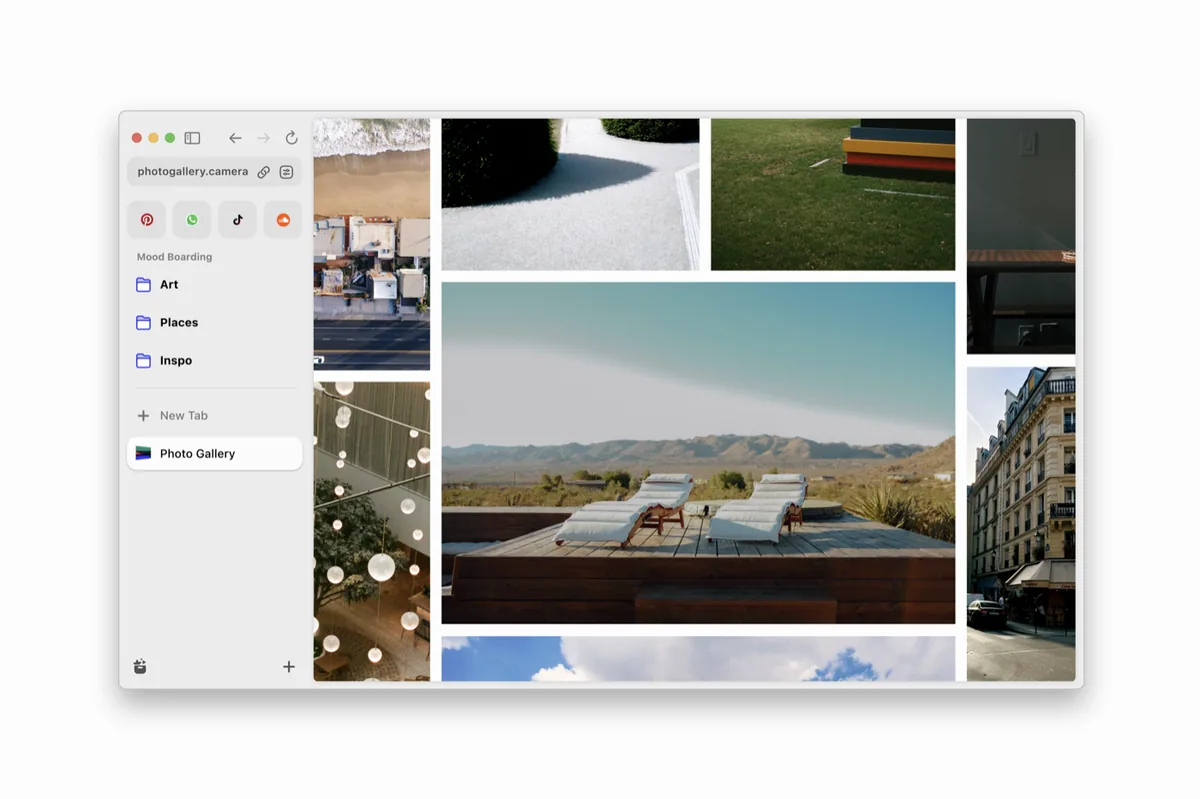 Captura de la interfaz de Arc en macOS, Navegador construido sobre Chromium con sidebar dominante y modelo de Spaces para separar …