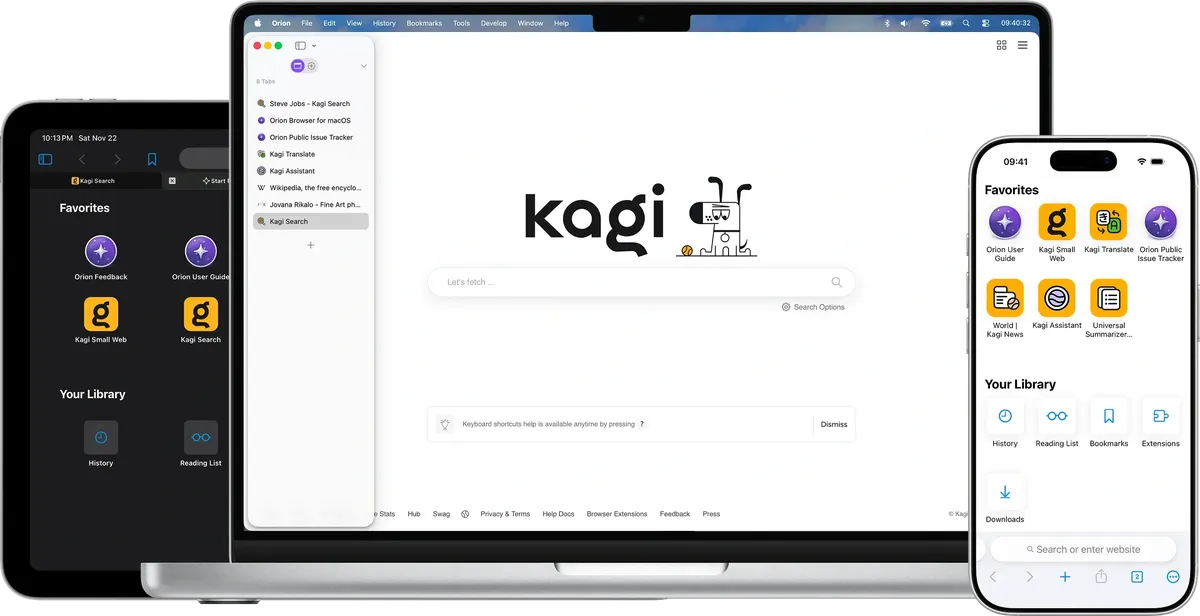 Captura de la interfaz de Orion en macOS, Navegador WebKit (mismo motor que Safari) construido por Kagi: cero telemetría, soporte se…