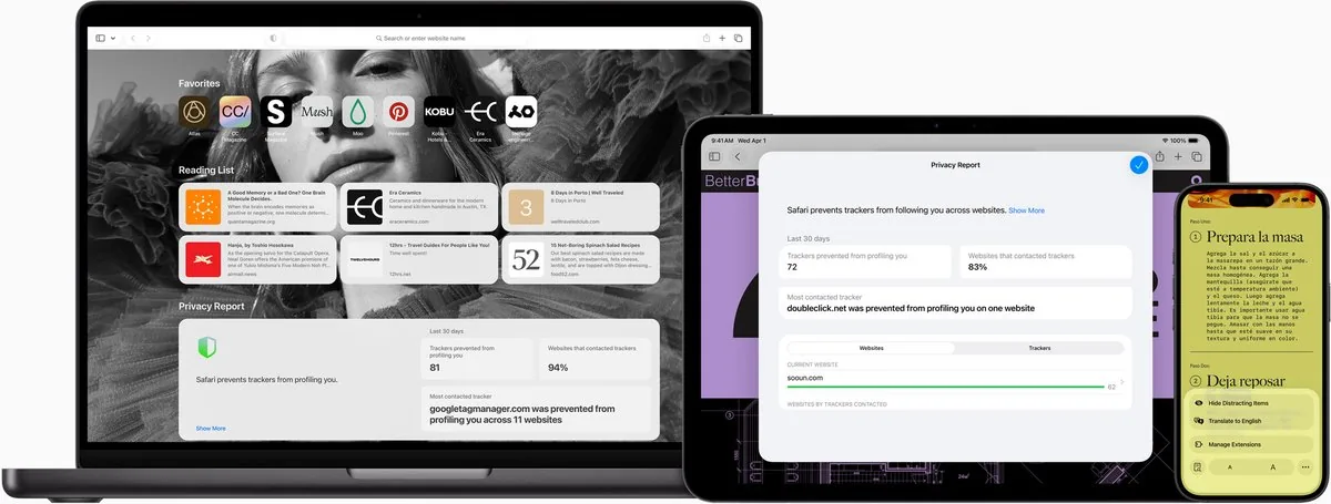 Captura de la interfaz de Safari en macOS, El navegador integrado de macOS: motor WebKit nativo, integración profunda con Apple Silic…