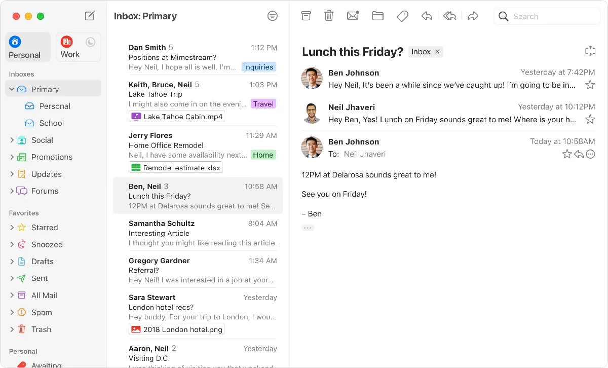 Captura de la interfaz de Mimestream en macOS, Cliente de correo nativo macOS para Gmail escrito por un ex-ingeniero de Apple Mail. Usa l…