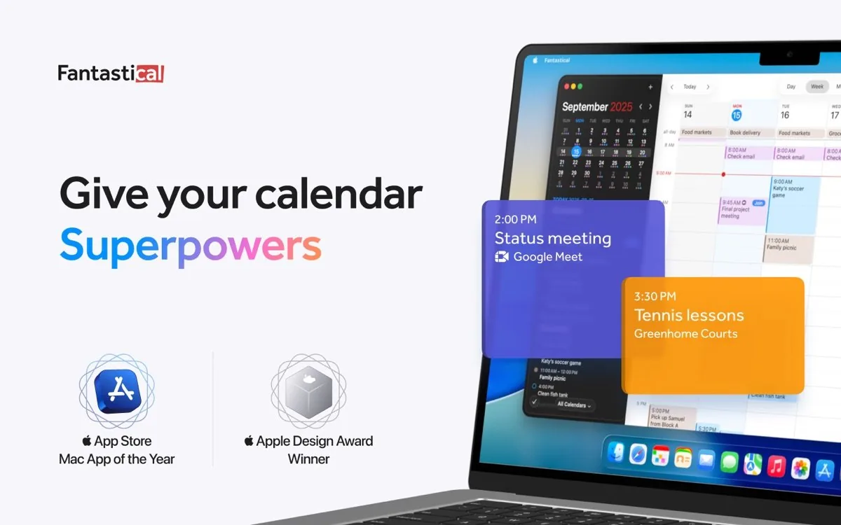 Captura de la interfaz de Fantastical en macOS, Calendario premium de Flexibits para Mac, iPhone, iPad, Apple Watch y Vision Pro: lenguaje…