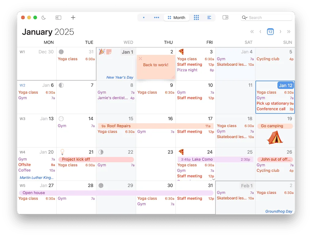 Captura de la interfaz de BusyCal en macOS, Calendario veterano de BusyMac para Mac y iOS con tareas integradas, smart filters, vistas…