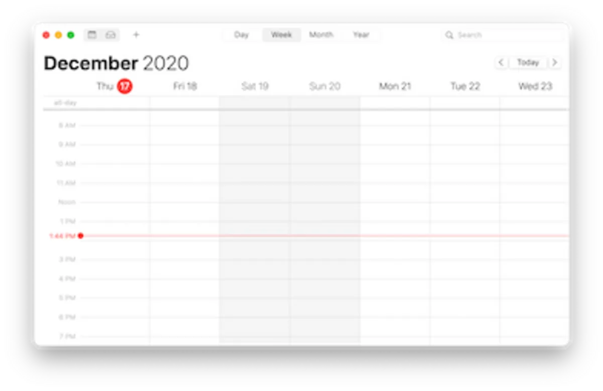 Captura de la interfaz de Calendar (Apple) en macOS, Calendario integrado de macOS, iOS, iPadOS y watchOS: soporta iCloud, Google, Exchange y c…