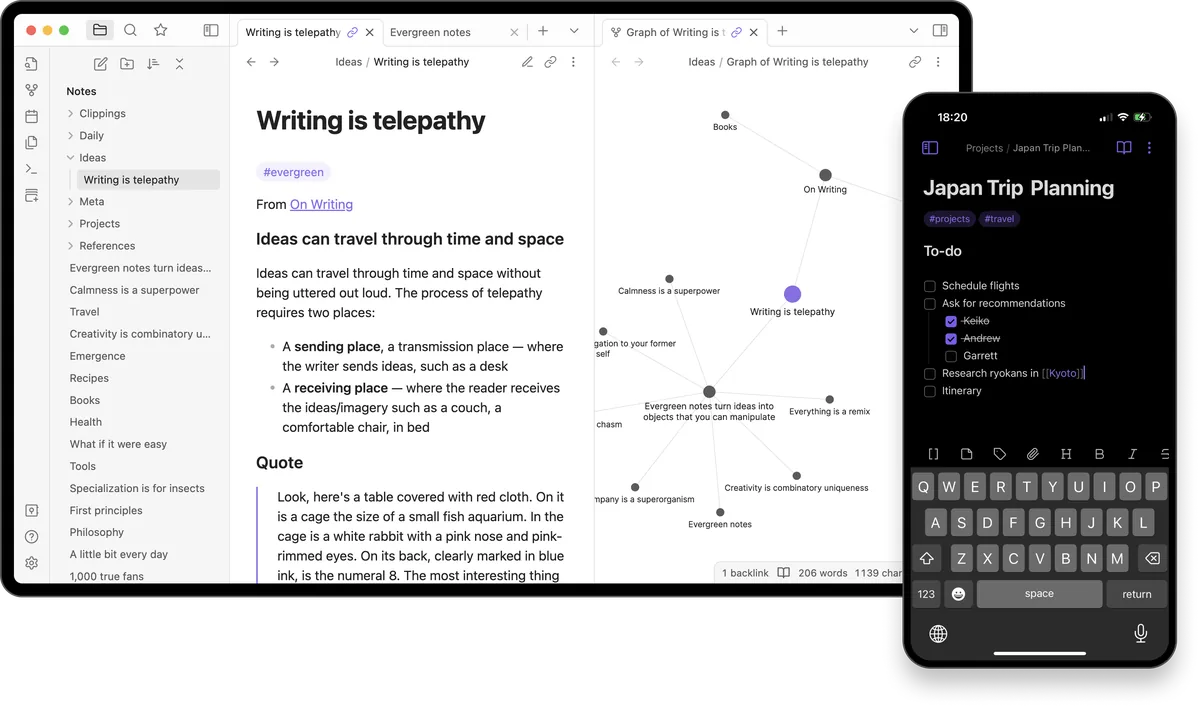 Captura de la interfaz de Obsidian en macOS, Bóveda local de notas en Markdown plano con enlaces bidireccionales y un grafo de conocimi…