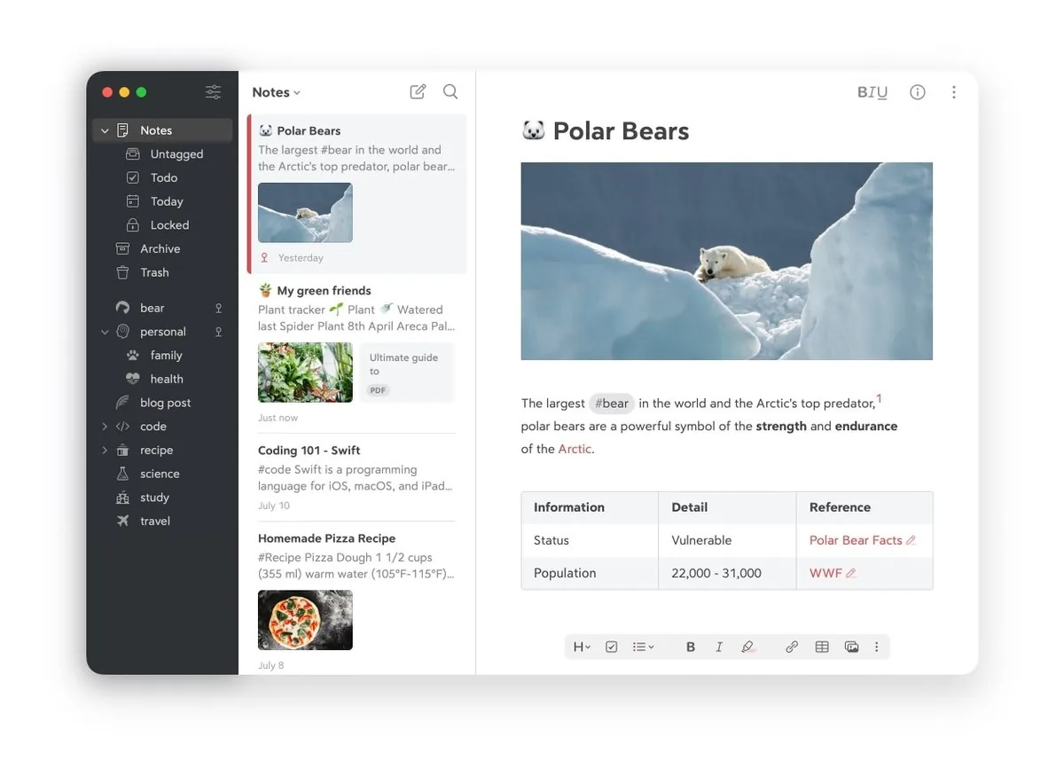 Captura de la interfaz de Bear en macOS, Editor Markdown elegante para macOS, iOS y watchOS centrado en escritura agradable y organ…