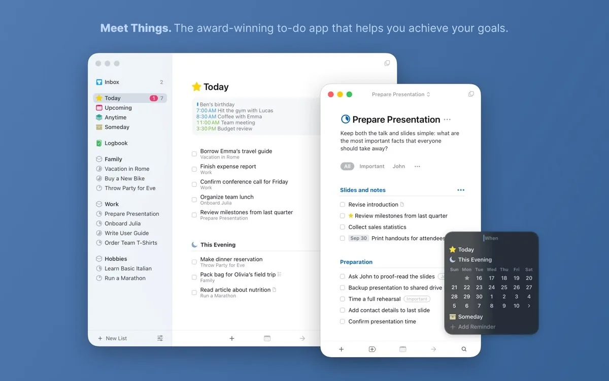 Captura de la interfaz de Things 3 en macOS, Gestor de tareas premium para Mac, iPhone, iPad y Apple Watch alineado con GTD; prioriza c…