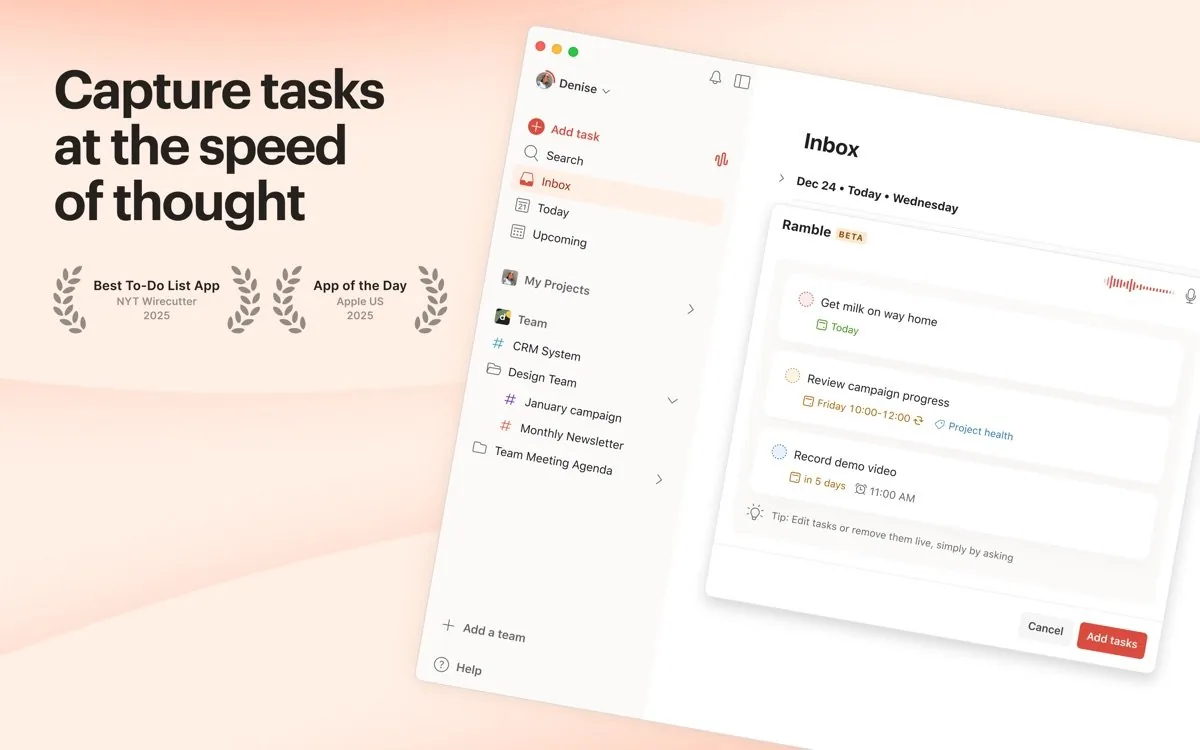 Captura de la interfaz de Todoist en macOS, Gestor de tareas multiplataforma (Mac, iOS, Android, Windows, web, CLI) con captura por le…