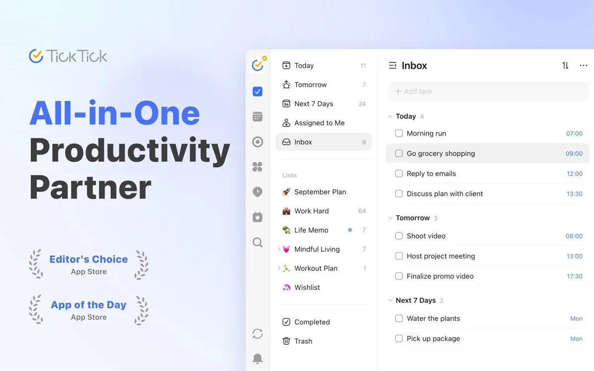 Captura de la interfaz de TickTick en macOS, Gestor de tareas multiplataforma con calendario, hábitos, temporizador Pomodoro y vista Ei…