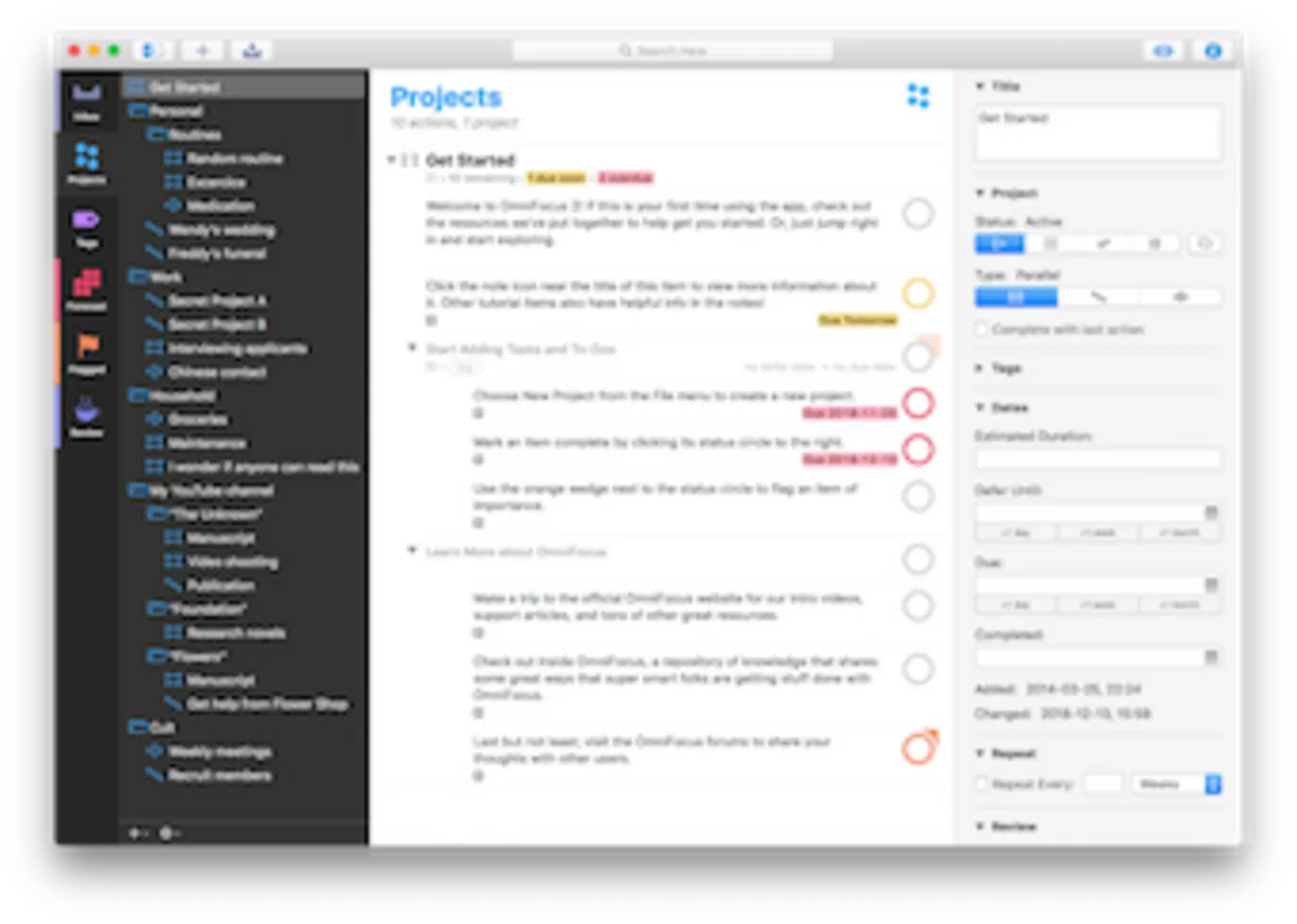 Captura de la interfaz de OmniFocus 4 en macOS, Gestor de tareas profesional para Mac, iPhone, iPad, Apple Watch y web orientado a GTD ort…