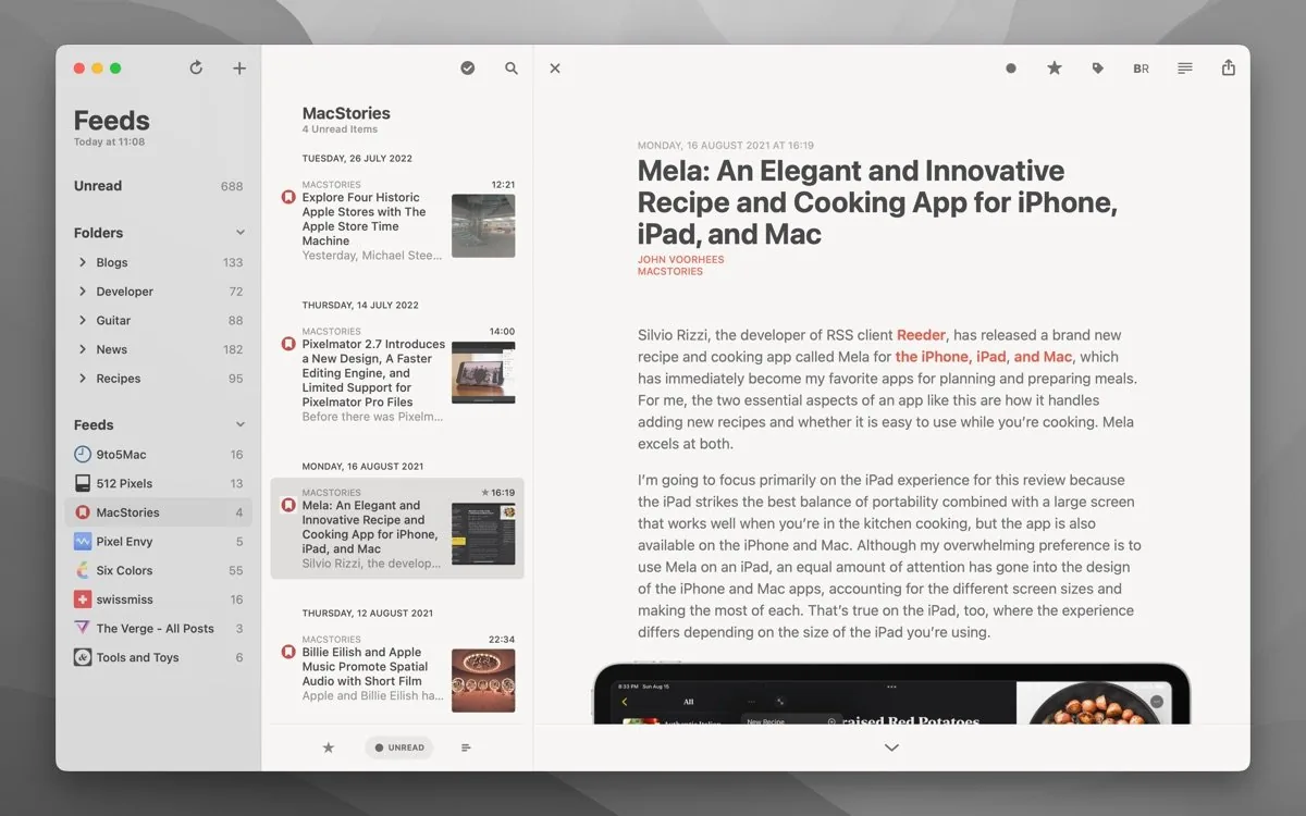 Captura de la interfaz de Reeder Classic en macOS, Lector RSS clásico de Silvio Rizzi para macOS, con sincronización iCloud y soporte para lo…