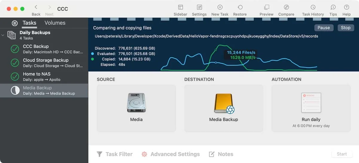 Captura de la interfaz de Carbon Copy Cloner en macOS, Clonador de discos para macOS de Bombich Software. Crea copias exactas de un volumen, prog…