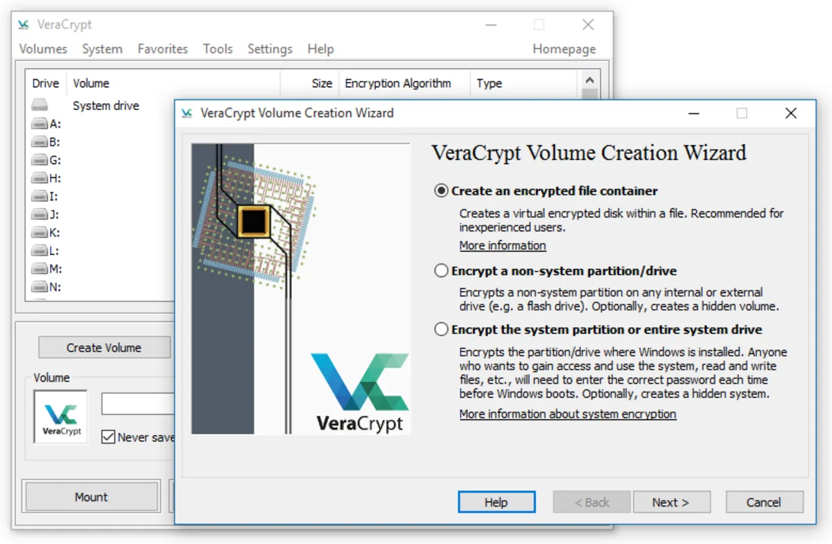 Captura de la interfaz de VeraCrypt en macOS, Cifrado de disco gratuito y open source basado en TrueCrypt. Crea contenedores cifrados qu…
