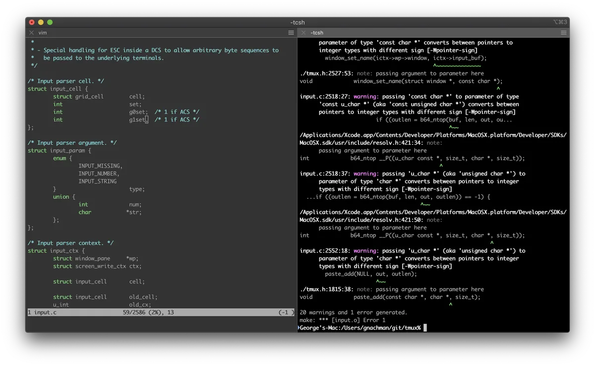 Captura de la interfaz de iTerm2 en macOS, Terminal clásico de macOS con GUI de preferencias exhaustiva y dos décadas de iteración. S…