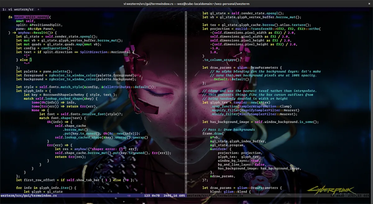 Captura de la interfaz de WezTerm en macOS, Terminal y multiplexor multiplataforma escrito en Rust, configurable en Lua. Ofrece panes,…
