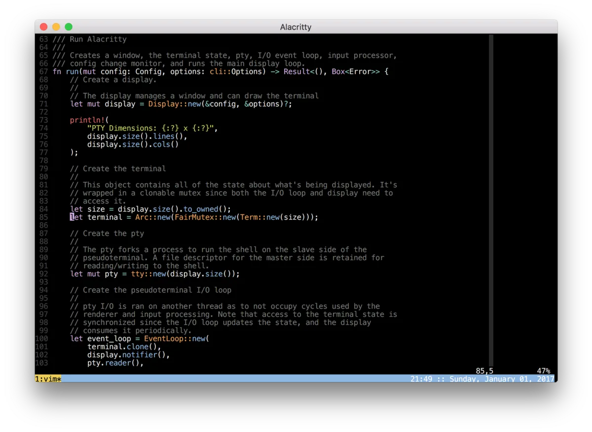 Captura de la interfaz de Alacritty en macOS, Terminal minimalista escrito en Rust con renderizado OpenGL, deliberadamente sin tabs ni s…