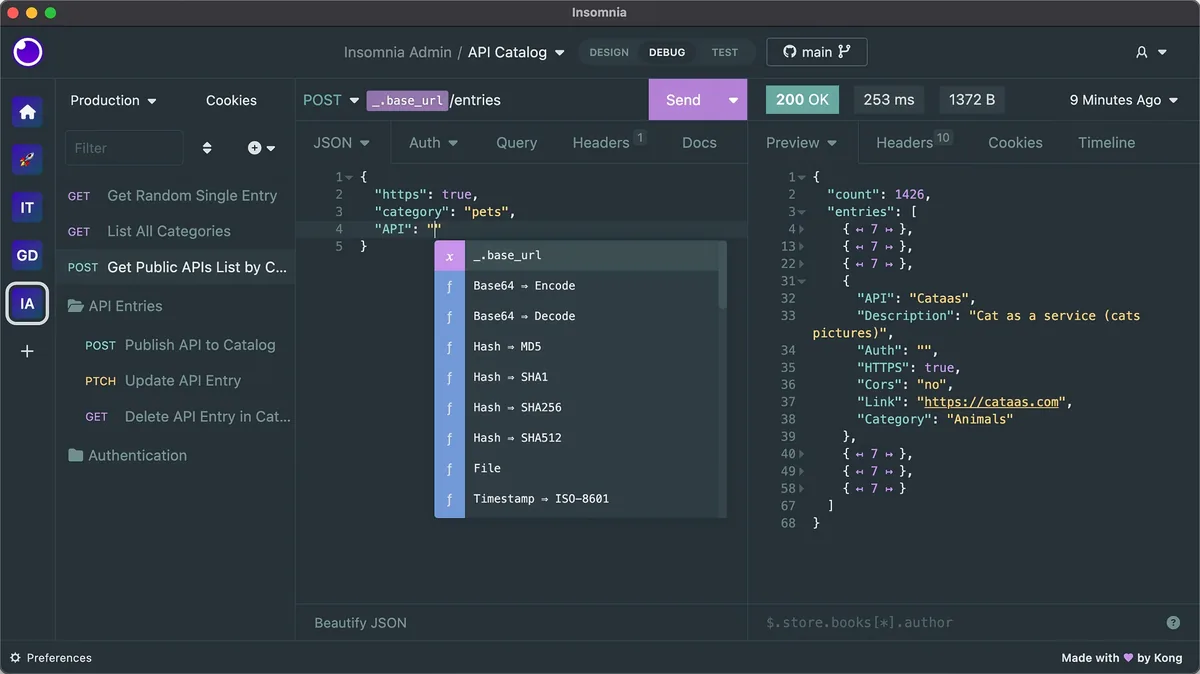 Captura de la interfaz de Insomnia en macOS, Cliente API open-source de Kong con UI más limpia y rápida que Postman. Soporta REST, Grap…