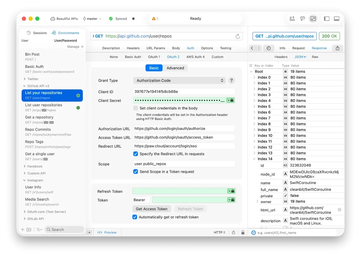 Captura de la interfaz de Paw / RapidAPI for Mac en macOS, El veterano cliente API nativo macOS (antes Paw, ahora RapidAPI for Mac). Render Cocoa pur…