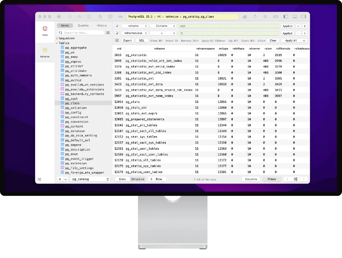 Captura de la interfaz de TablePlus en macOS, Cliente SQL nativo macOS con UI minimalista y velocidad de ejecución de consultas que supe…