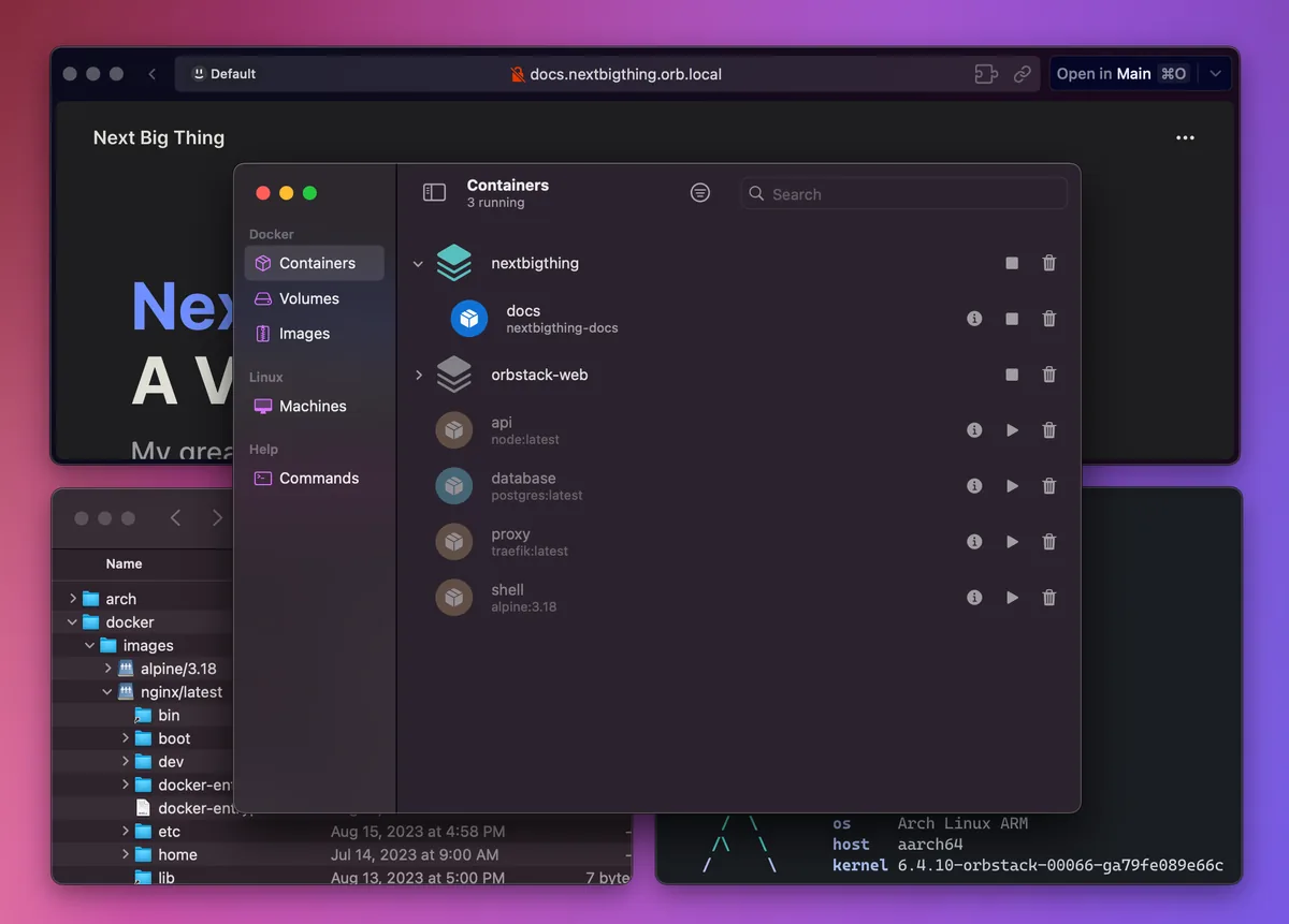 Captura de la interfaz de OrbStack en macOS, Sustituto nativo de Docker Desktop en macOS escrito en Swift y optimizado para Apple Silic…