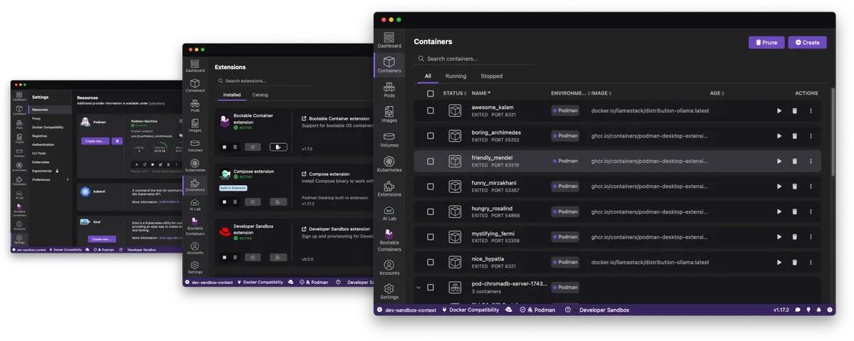 Captura de la interfaz de Podman Desktop en macOS, GUI libre, multiplataforma y de código abierto (Apache 2.0) para contenedores OCI y Kubern…