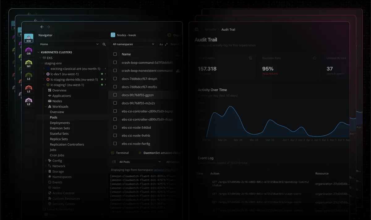 Captura de la interfaz de Lens en macOS, IDE gráfico de Kubernetes mantenido por Mirantis. Ofrece vista multi-clúster, terminal emb…