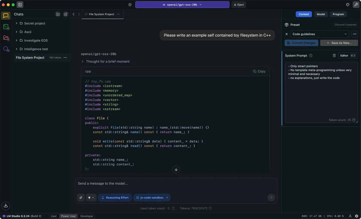 Captura de la interfaz de LM Studio en macOS, Cliente de escritorio para descubrir, descargar y ejecutar LLMs locales en el Mac. Incluye…
