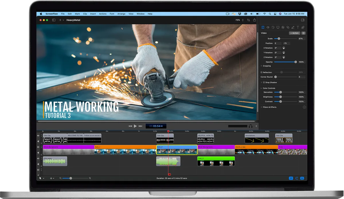 Captura de la interfaz de ScreenFlow en macOS, Software clásico de Telestream para grabar pantalla, cámara, audio y dispositivo iOS, y ed…
