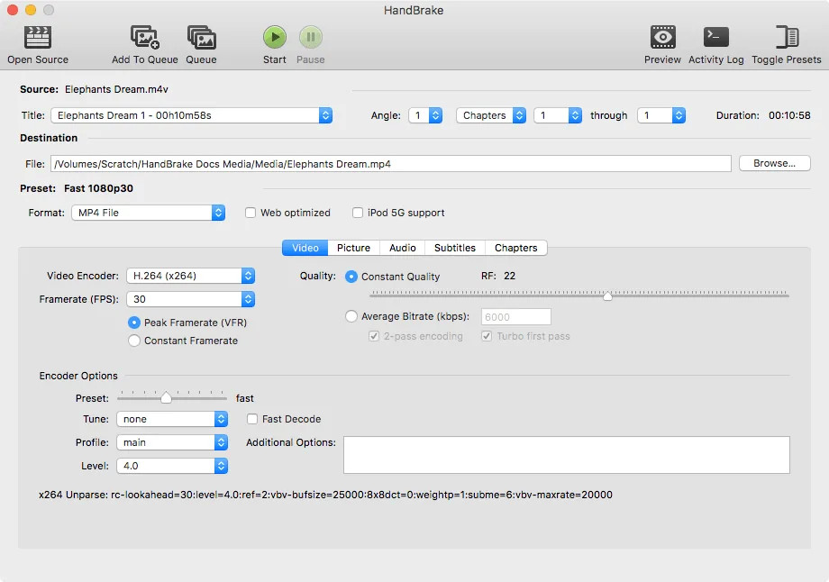 Captura de la interfaz de HandBrake en macOS, Transcodificador de vídeo de código abierto, multiplataforma y multihilo. Convierte casi c…