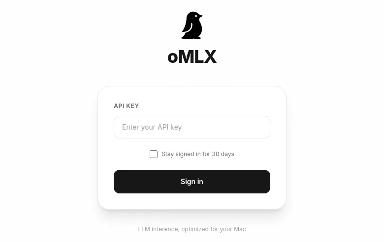 Pantalla de login del panel admin de oMLX en localhost:8000/admin, con el campo API Key vacío y el checkbox "Stay signed in for 30 days"