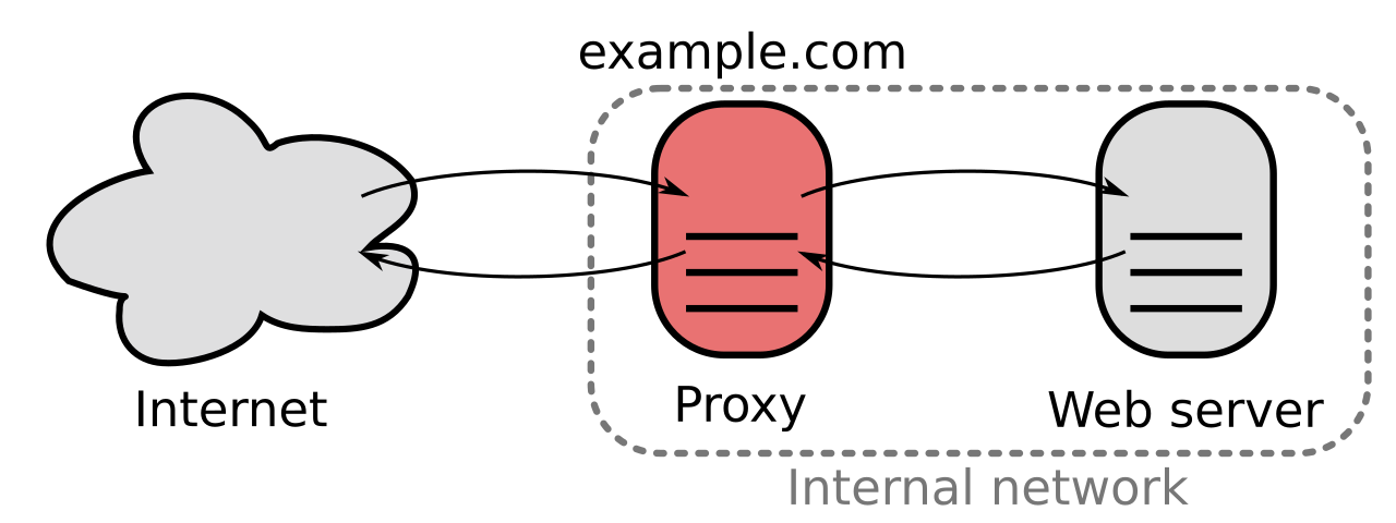 Reverse proxy diagram: the client connects to the proxy, which forwards the request to the right internal server