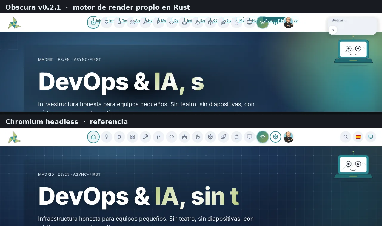 Side-by-side comparison of the same page rendered by Obscura and by headless Chromium, where Obscura paints tooltips visible that the CSS declares with zero opacity.