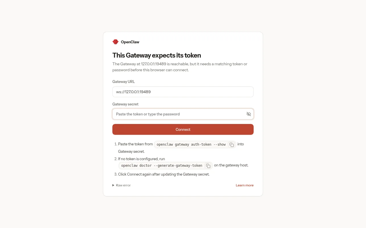 Pantalla del Control UI de OpenClaw que avisa de que el gateway exige su token antes de conectar, con los campos Gateway URL y Gateway secret.