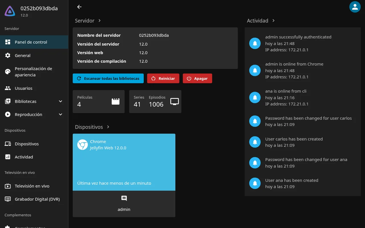 Panel de control de Jellyfin 12.0 tras actualizar desde la 10.11.11 con Docker, con 4 películas, 41 series y 1006 episodios después del escaneo completo obligatorio.