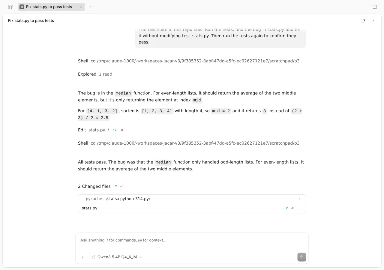 Captura de la interfaz web de OpenCode 1.18.31 con la sesión en la que Qwen3.5-4B ejecuta las pruebas, edita la función median y confirma que pasan las cuatro.