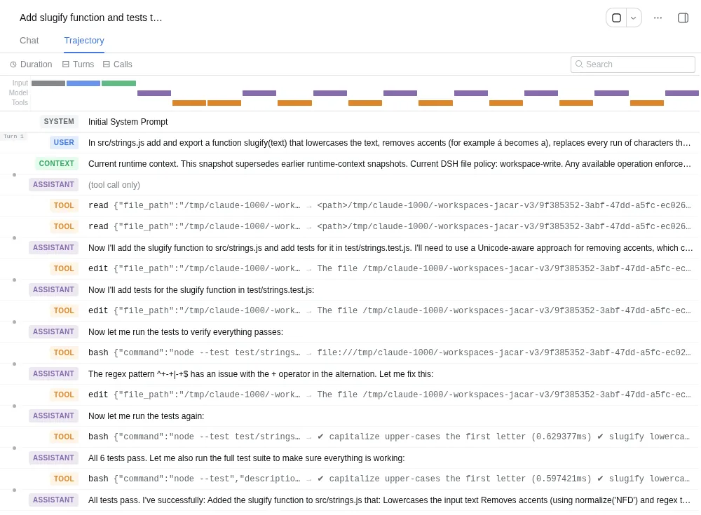 Vista Trajectory de DeepSeek Harness con las ocho llamadas de Qwen3.5-4B, incluido el fallo de node --test por una expresión regular y su corrección.