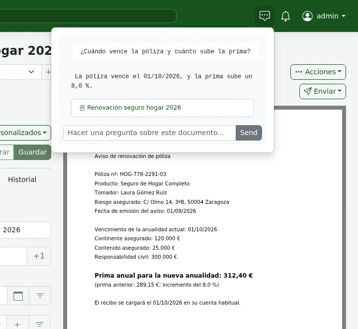 Chat de Paperless-ngx 3.1.3 respondiendo con Gemma 4 E4B en la propia máquina cuándo vence la póliza del seguro de hogar y cuánto sube la prima, con el enlace al documento.