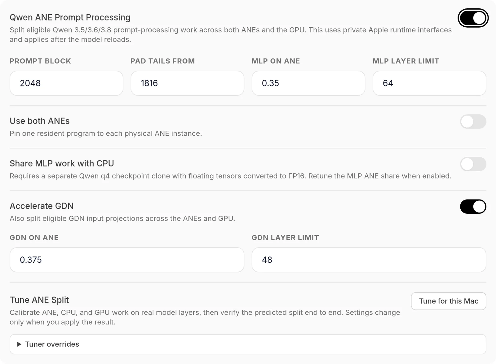 Tarjeta Qwen ANE Prompt Processing de oMLX 0.6.4 con el reparto que propuso el afinador: bloque de 2048 tokens, relleno desde 1816, 0,35 de las MLP y 0,375 de las capas GDN en el ANE, Use both ANEs desactivado y el botón Tune for this Mac