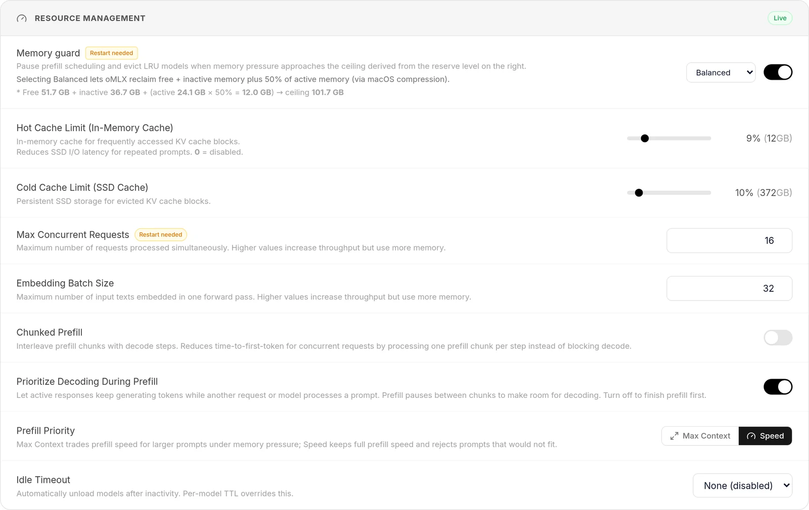 Resource Management section of the oMLX 0.6.4 global settings: Balanced memory guard, hot cache at 9% (12 GB), SSD cache at 10% (372 GB), 16 concurrent requests, Chunked Prefill off, Prefill Priority set to Speed and no idle timeout