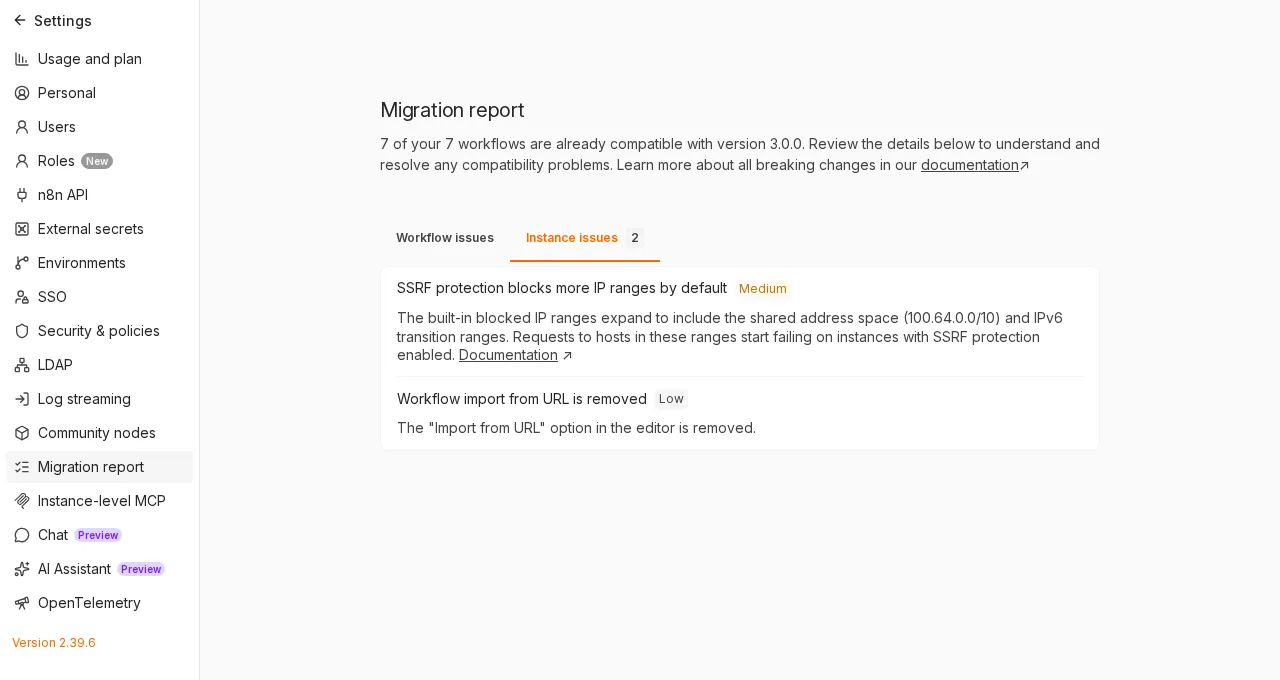 Informe de migración de n8n 2.39.6 tras las correcciones, con 7 de 7 flujos compatibles y dos avisos de instancia: la lista SSRF y la importación desde URL.
