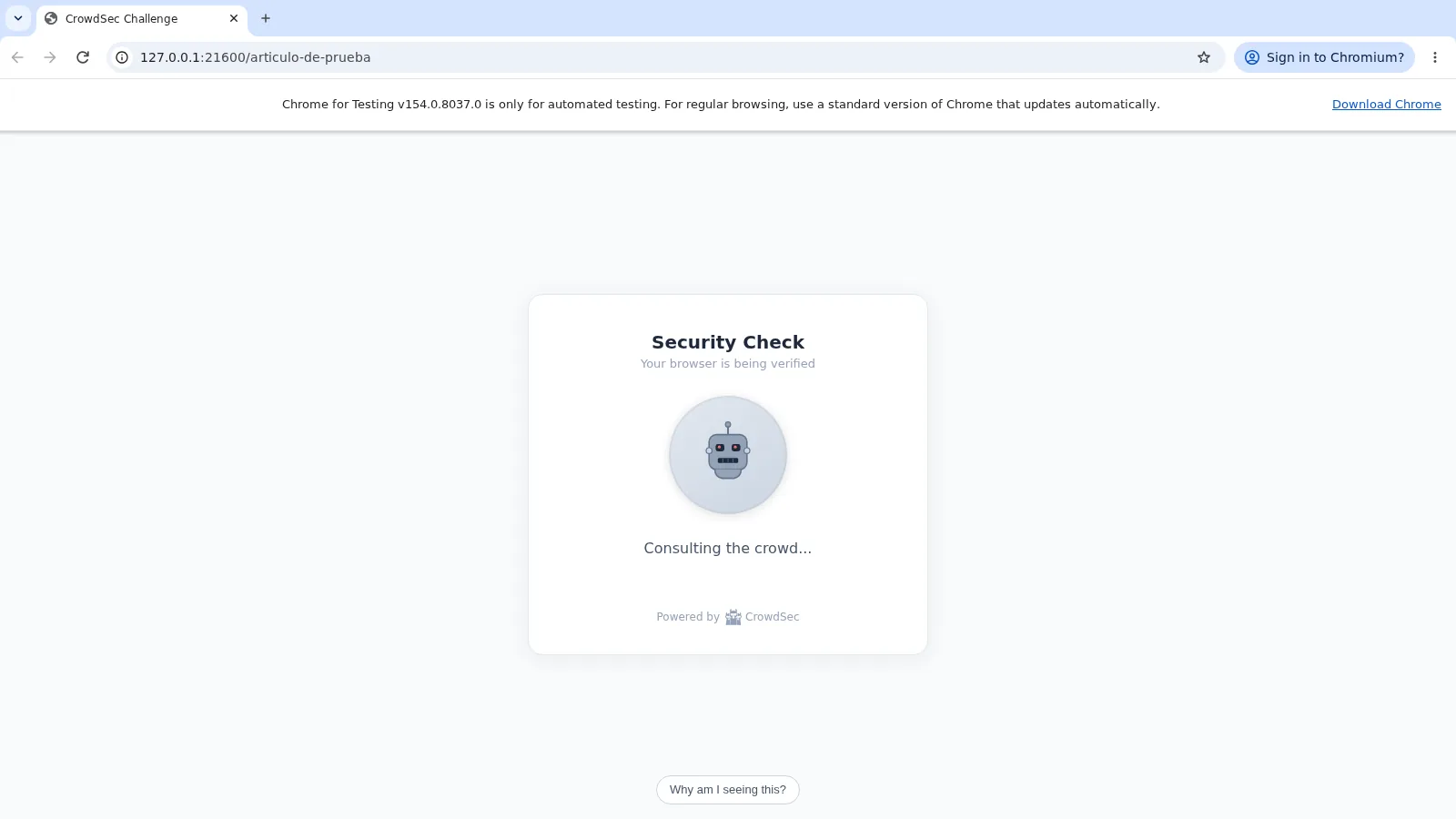 Chrome for Testing 154 sin automatizar, en Xvfb, sigue en Consulting the crowd a los nueve segundos porque la huella espera a la API Summarizer.
