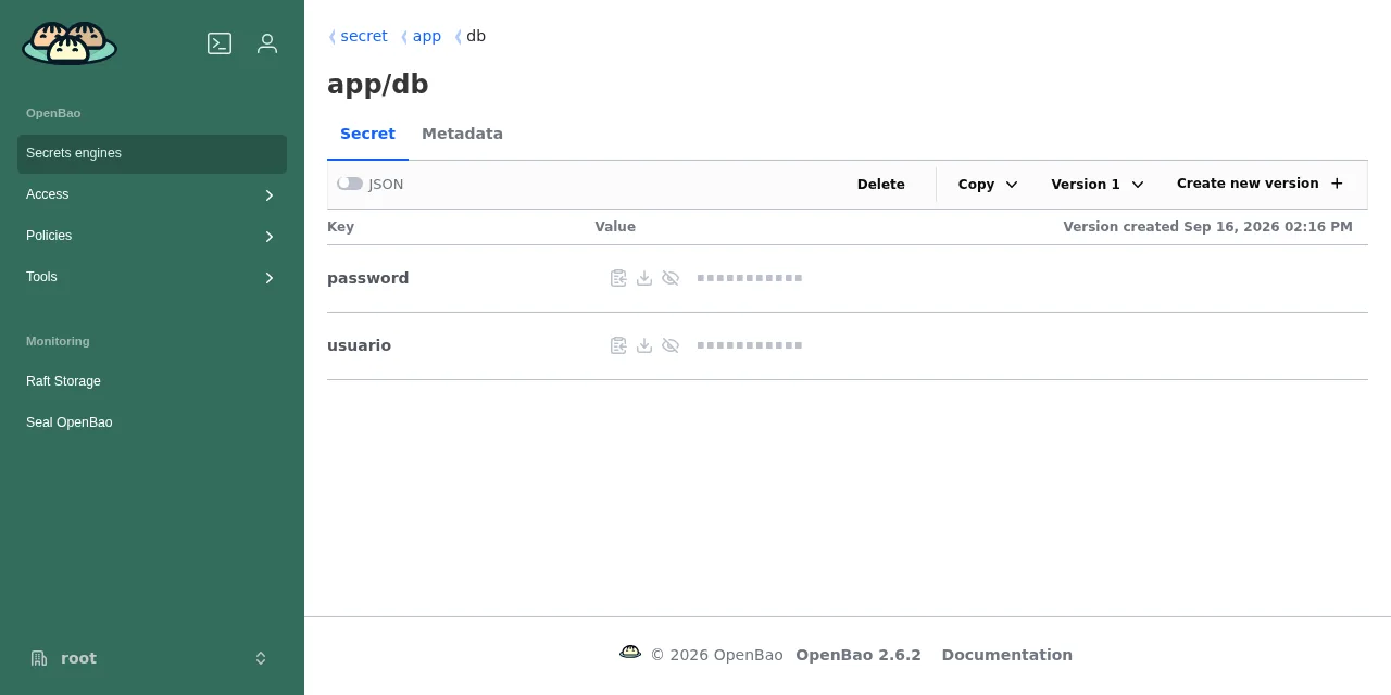Interfaz web de OpenBao 2.6.2 con el secreto app/db del motor KV v2 abierto, versión 1, y los valores de usuario y contraseña ocultos tras puntos.