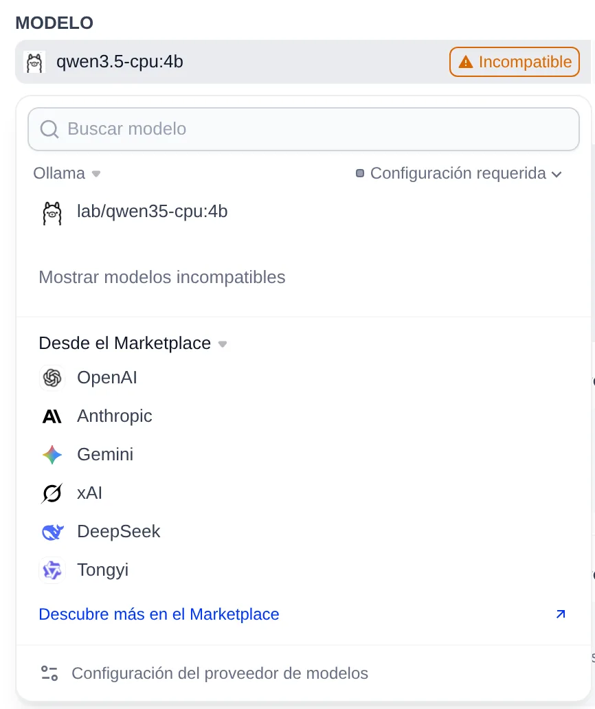 Selector de modelos de Dify Agent con qwen3.5-cpu:4b marcado como Incompatible y solo el alias lab/qwen35-cpu:4b en la lista.