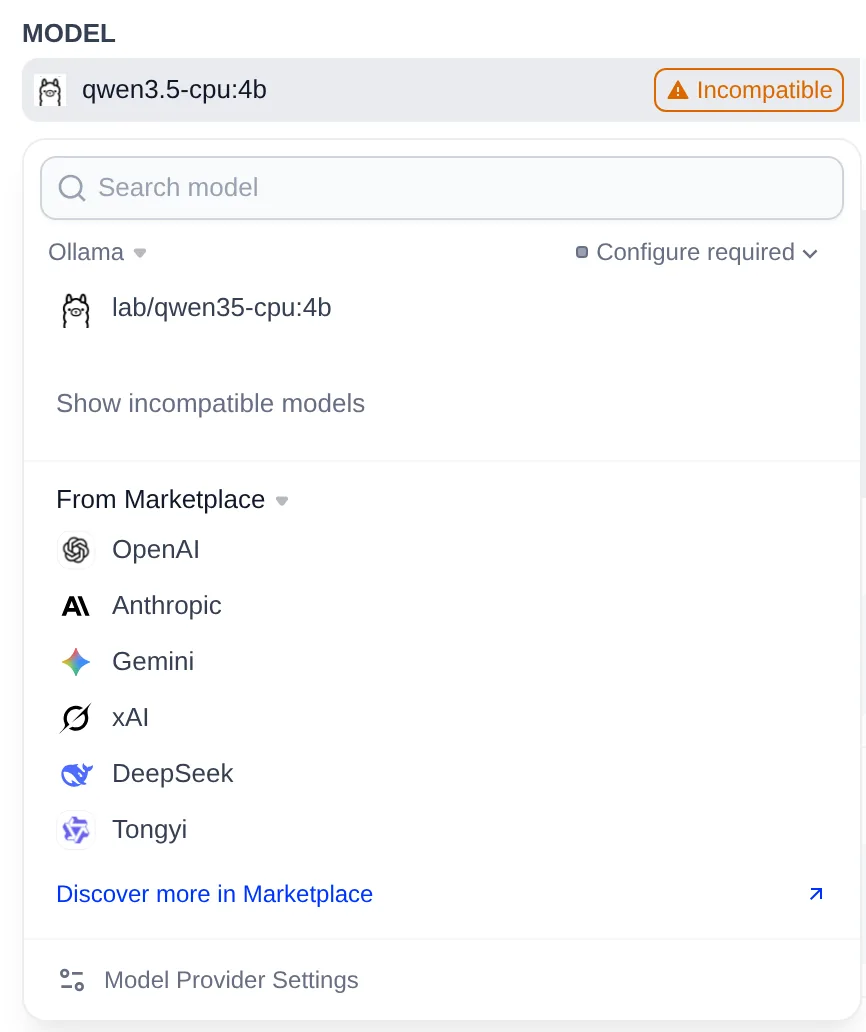 Dify Agent model picker with qwen3.5-cpu:4b flagged as Incompatible and only the lab/qwen35-cpu:4b alias listed.