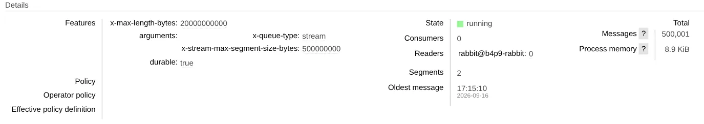 Detalle del stream eventos en RabbitMQ 4.3.6: 500 001 mensajes en 2 segmentos de hasta 500 MB, fecha del mensaje más antiguo y 8,9 KiB de memoria de proceso.