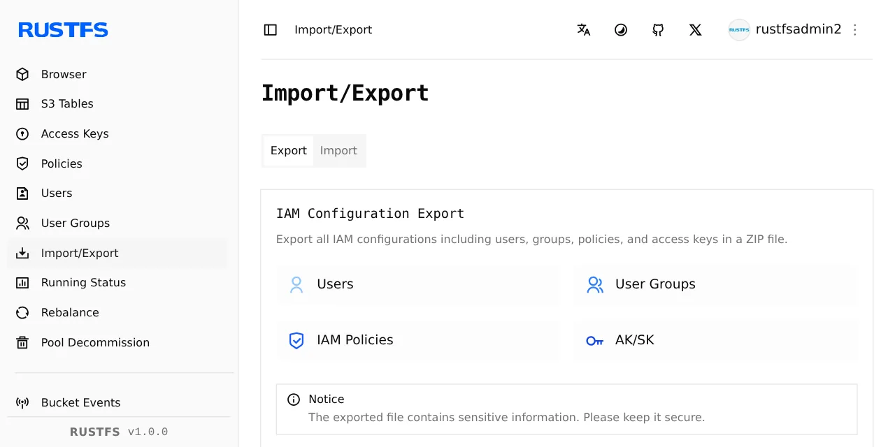 Pantalla Import/Export de la consola de RustFS 1.0.0, donde se exportan e importan en un ZIP los usuarios, grupos, políticas IAM y claves de acceso al migrar desde MinIO.