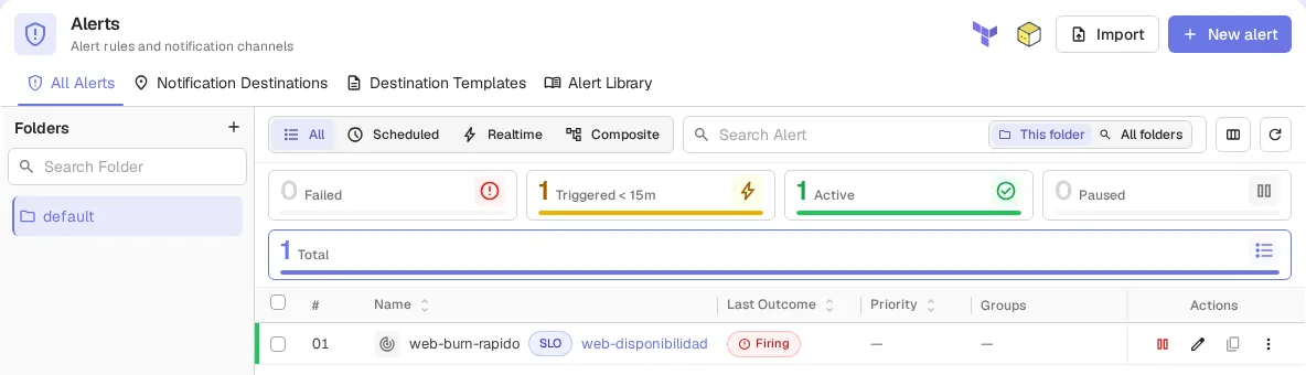 Lista de alertas de OpenObserve con la alerta web-burn-rapido, etiquetada como SLO del objetivo web-disponibilidad, en estado Firing y con una alerta disparada en los últimos 15 minutos.