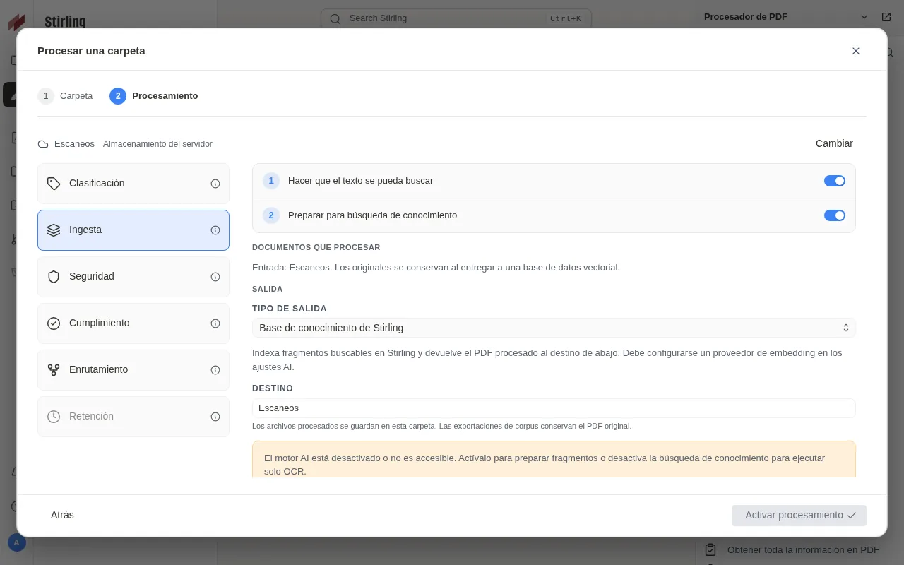 Stirling-PDF 3.0.0 Process a folder dialog with the Ingestion preset for the Escaneos folder, its OCR and knowledge search steps and the AI disabled warning.