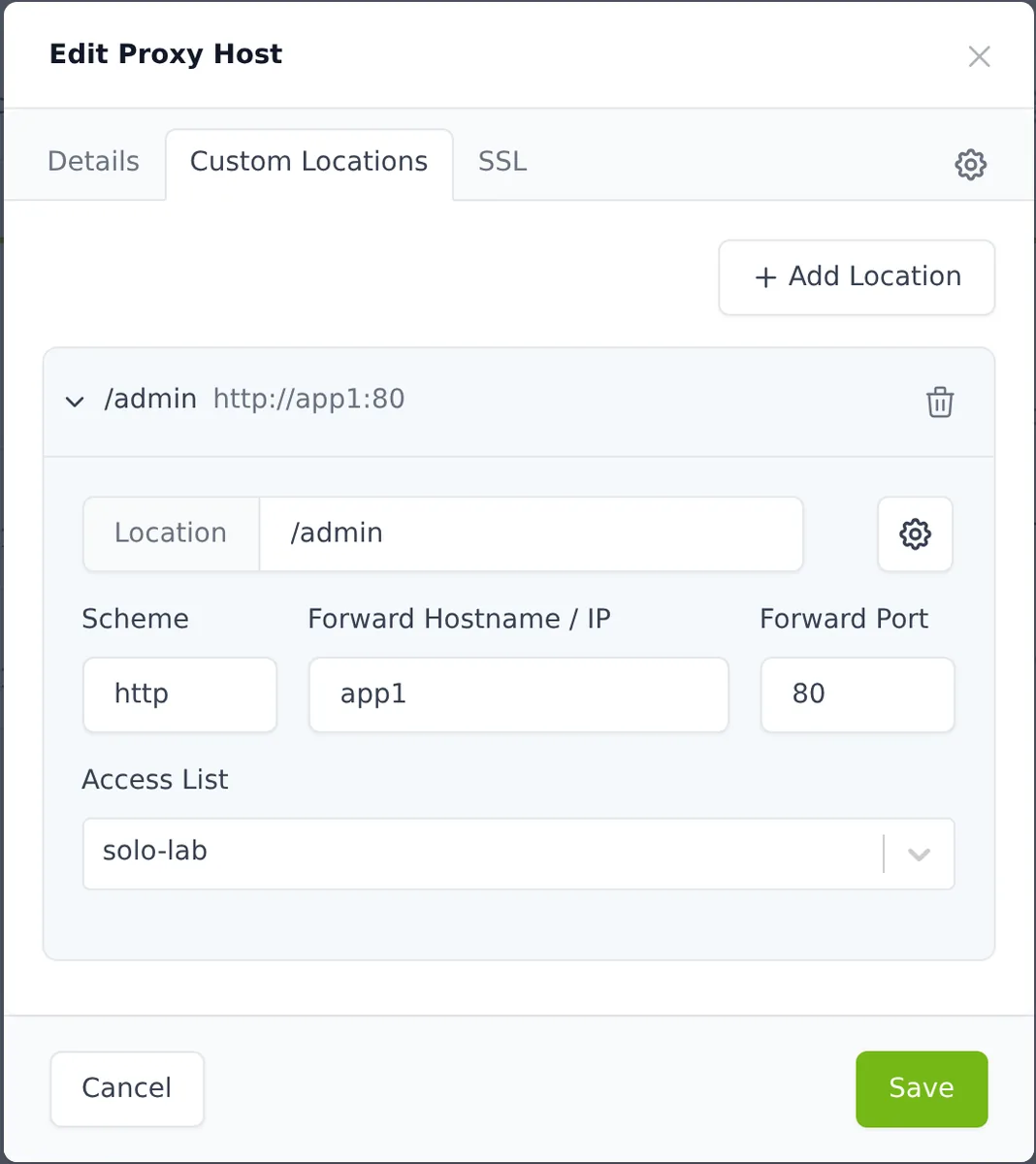 Ventana Edit Proxy Host de Nginx Proxy Manager 2.16.0 en la pestaña Custom Locations, con la ruta /admin reenviada a app1:80 y la lista de acceso solo-lab elegida en el nuevo selector Access List de esa ruta.