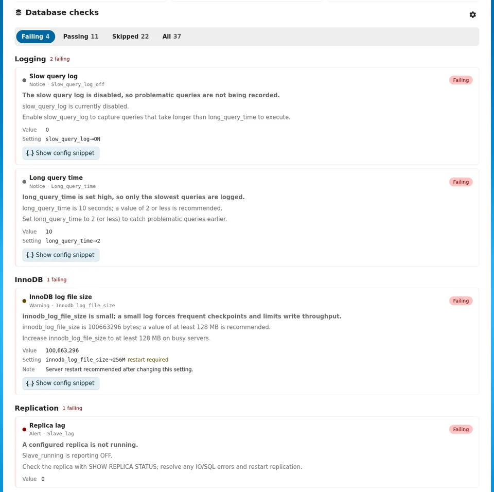 Screenshot of the database checks that Nextcloud 35 adds to the server info page: four fail on a single-node MariaDB 11.8, including a stopped-replica alert with no replica configured.