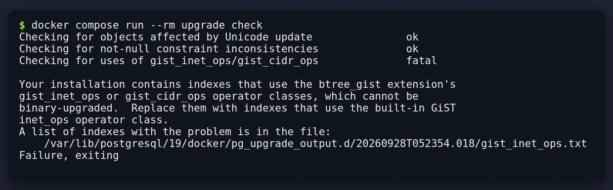 Output of PostgreSQL 19 Beta 4 pg_upgrade --check failing on the gist_inet_ops check because a btree_gist index on an inet column cannot be binary-upgraded.